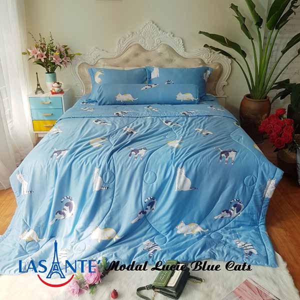 Bộ Chăn Ga Modal Lasante Blue Cats